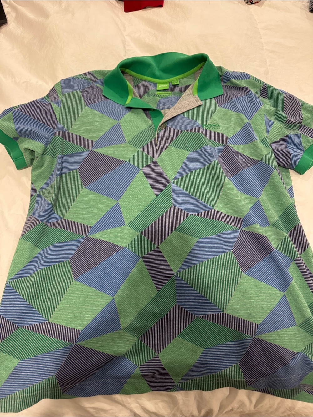 BOSS Green and Blue Geometric Polo Shirt